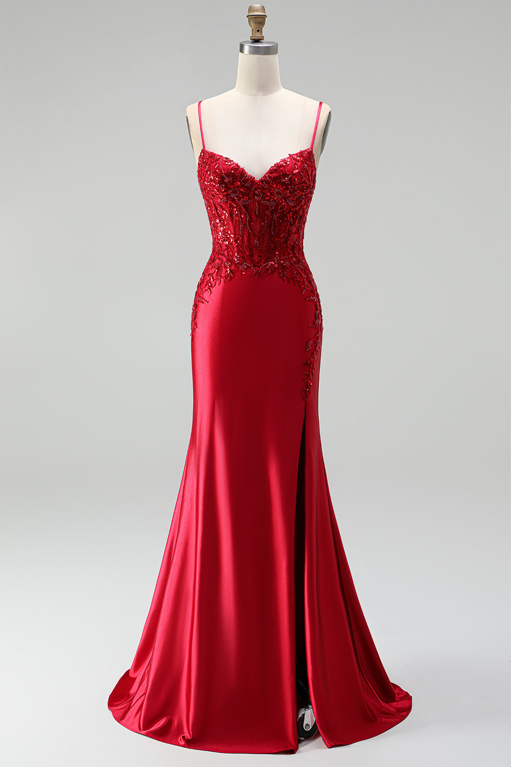 Rot Satin Meerjungfrau Corsage Pailletten Perlenbesatz V Ausschnitt Langes Abiballkleid mit Schlitz