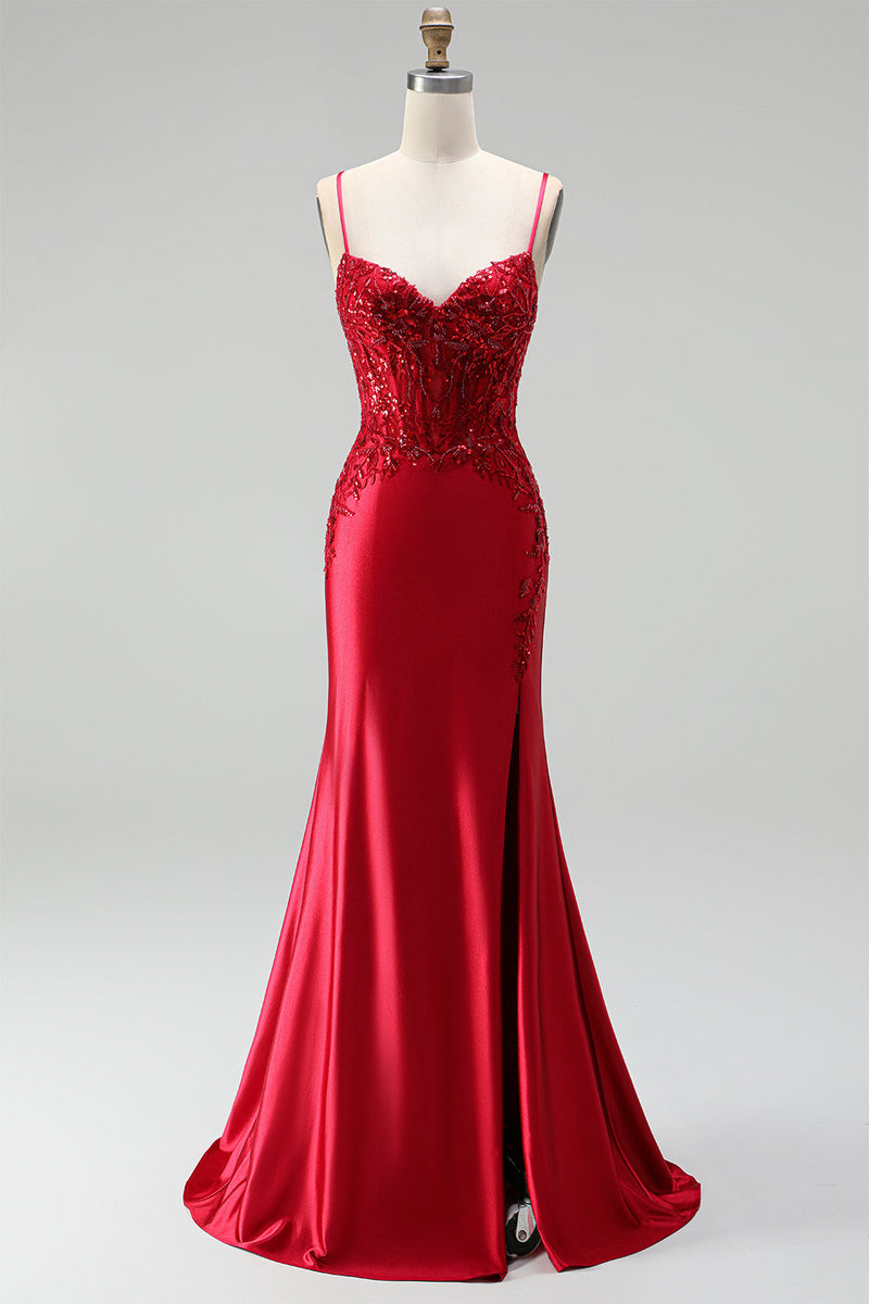 Laden Sie das Bild in den Galerie-Viewer, Rot Satin Meerjungfrau Corsage Pailletten Perlenbesatz V Ausschnitt Langes Abiballkleid mit Schlitz