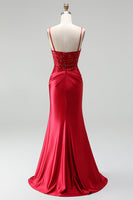 Laden Sie das Bild in den Galerie-Viewer, Rot Satin Meerjungfrau Corsage Pailletten Perlenbesatz V Ausschnitt Langes Abiballkleid mit Schlitz