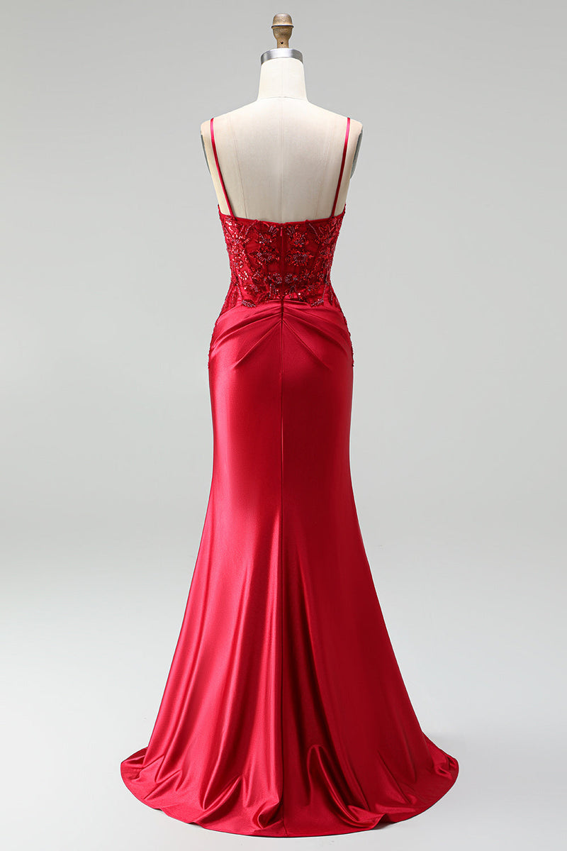 Laden Sie das Bild in den Galerie-Viewer, Rot Satin Meerjungfrau Corsage Pailletten Perlenbesatz V Ausschnitt Langes Abiballkleid mit Schlitz