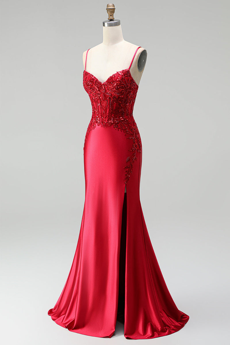 Laden Sie das Bild in den Galerie-Viewer, Rot Satin Meerjungfrau Corsage Pailletten Perlenbesatz V Ausschnitt Langes Abiballkleid mit Schlitz