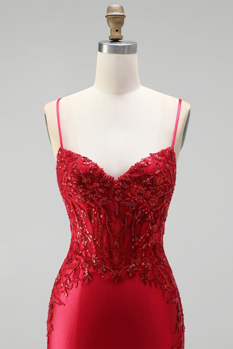Laden Sie das Bild in den Galerie-Viewer, Rot Satin Meerjungfrau Corsage Pailletten Perlenbesatz V Ausschnitt Langes Abiballkleid mit Schlitz