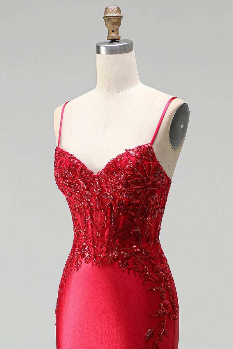 Laden Sie das Bild in den Galerie-Viewer, Rot Satin Meerjungfrau Corsage Pailletten Perlenbesatz V Ausschnitt Langes Abiballkleid mit Schlitz