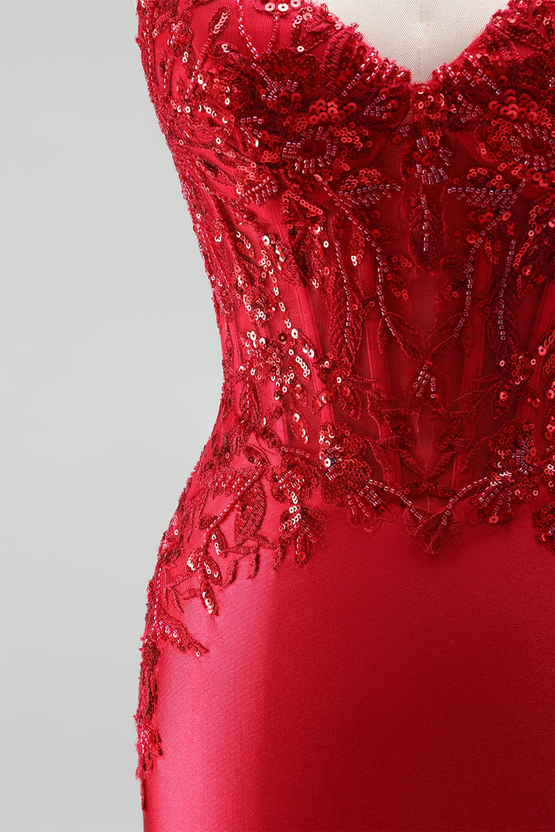 Laden Sie das Bild in den Galerie-Viewer, Rot Satin Meerjungfrau Corsage Pailletten Perlenbesatz V Ausschnitt Langes Abiballkleid mit Schlitz