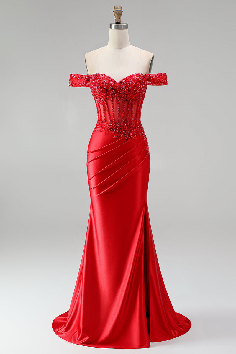 Laden Sie das Bild in den Galerie-Viewer, Rotes Schulterfreies Meerjungfrauen Korsett Satin Gerafftes Pailletten Applikationen Langes Abschlussballkleid mit Schlitz