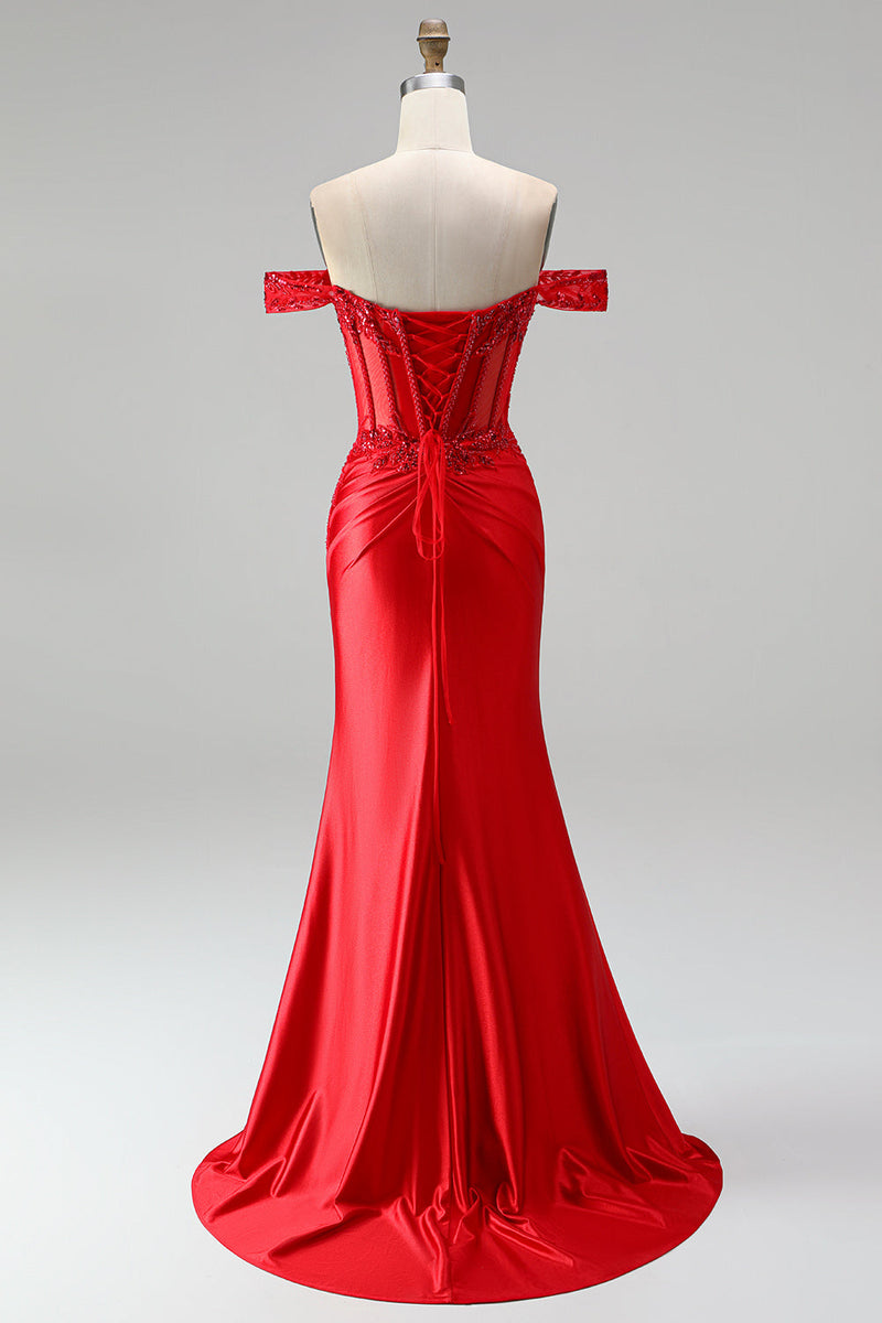 Laden Sie das Bild in den Galerie-Viewer, Rotes Schulterfreies Meerjungfrauen Korsett Satin Gerafftes Pailletten Applikationen Langes Abschlussballkleid mit Schlitz