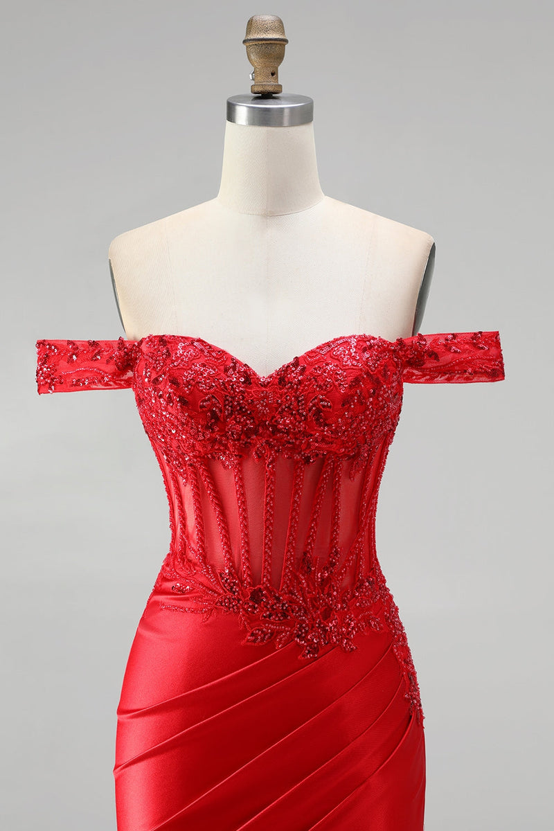 Laden Sie das Bild in den Galerie-Viewer, Rotes Schulterfreies Meerjungfrauen Korsett Satin Gerafftes Pailletten Applikationen Langes Abschlussballkleid mit Schlitz