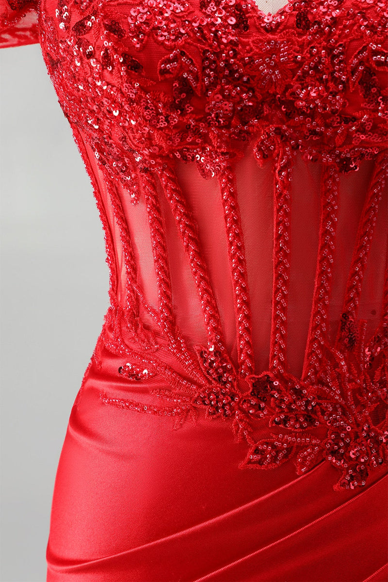 Laden Sie das Bild in den Galerie-Viewer, Rotes Schulterfreies Meerjungfrauen Korsett Satin Gerafftes Pailletten Applikationen Langes Abschlussballkleid mit Schlitz