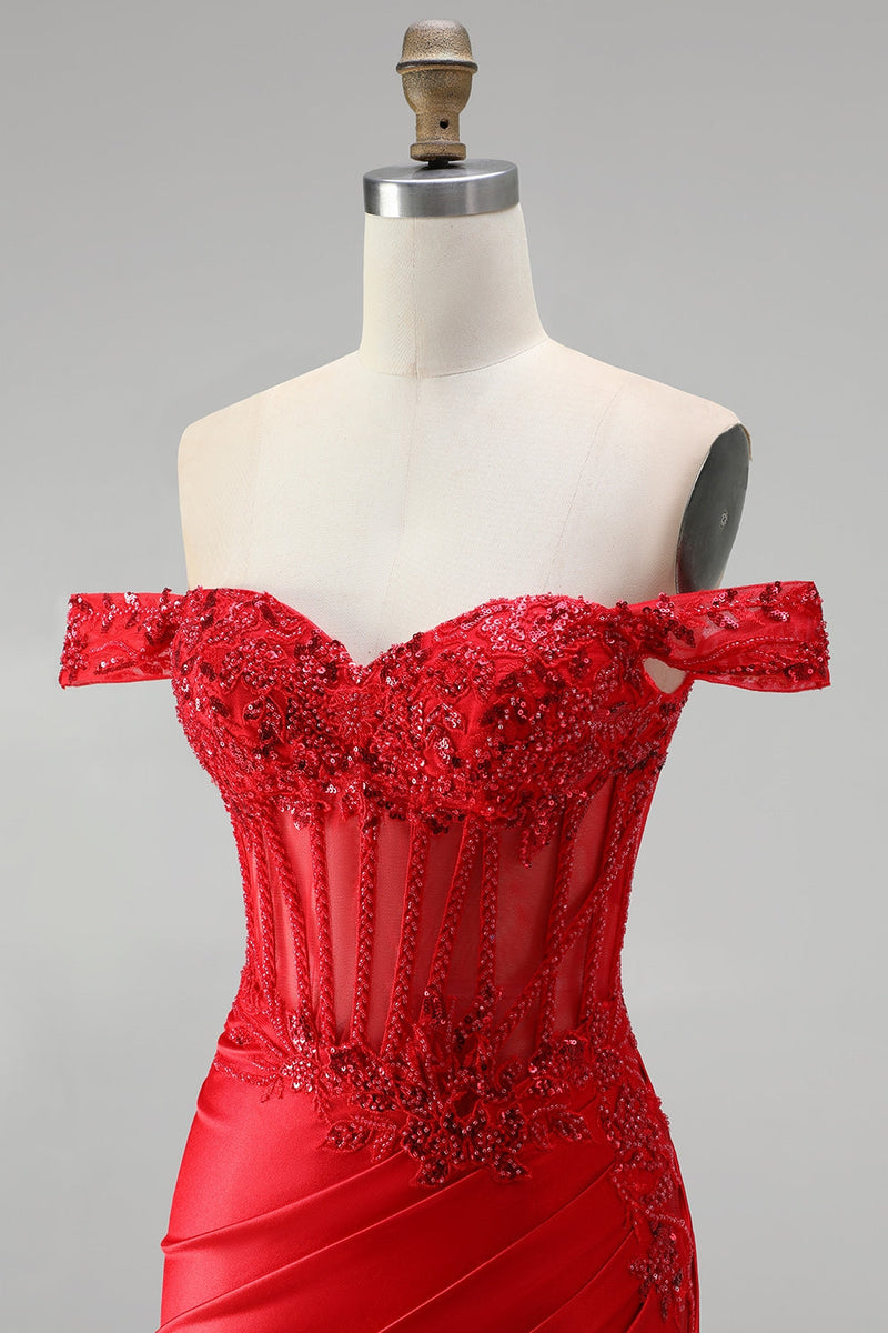 Laden Sie das Bild in den Galerie-Viewer, Rotes Schulterfreies Meerjungfrauen Korsett Satin Gerafftes Pailletten Applikationen Langes Abschlussballkleid mit Schlitz