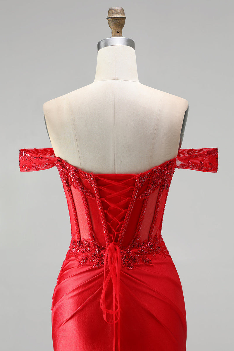 Laden Sie das Bild in den Galerie-Viewer, Rotes Schulterfreies Meerjungfrauen Korsett Satin Gerafftes Pailletten Applikationen Langes Abschlussballkleid mit Schlitz