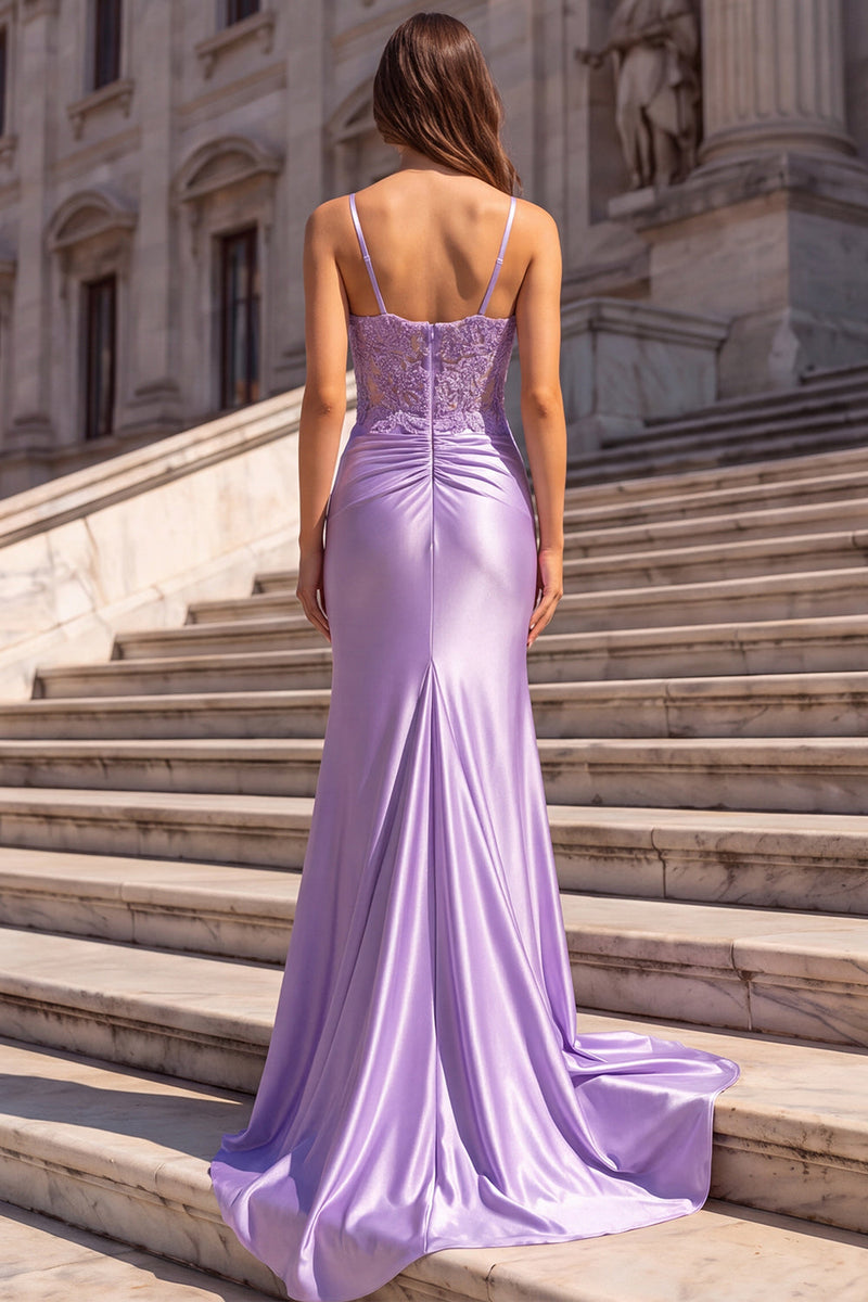 Laden Sie das Bild in den Galerie-Viewer, Flieder Satin Korsett Transparente 3D-Blumenapplikationen Gerafftes Spaghettiträger Langes Abschlussballkleid