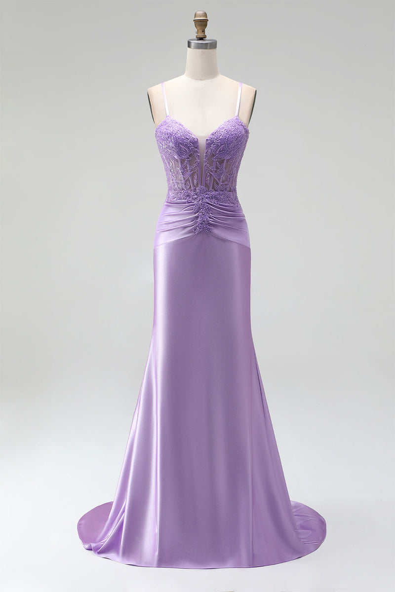 Laden Sie das Bild in den Galerie-Viewer, Flieder Satin Korsett Transparente 3D-Blumenapplikationen Gerafftes Spaghettiträger Langes Abschlussballkleid
