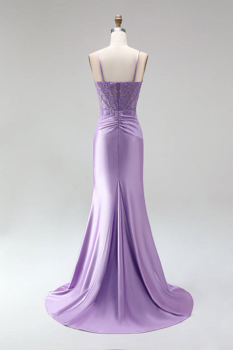 Laden Sie das Bild in den Galerie-Viewer, Flieder Satin Korsett Transparente 3D-Blumenapplikationen Gerafftes Spaghettiträger Langes Abschlussballkleid
