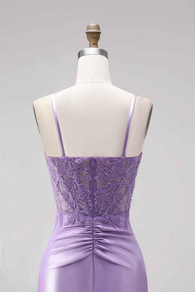 Laden Sie das Bild in den Galerie-Viewer, Flieder Satin Korsett Transparente 3D-Blumenapplikationen Gerafftes Spaghettiträger Langes Abschlussballkleid