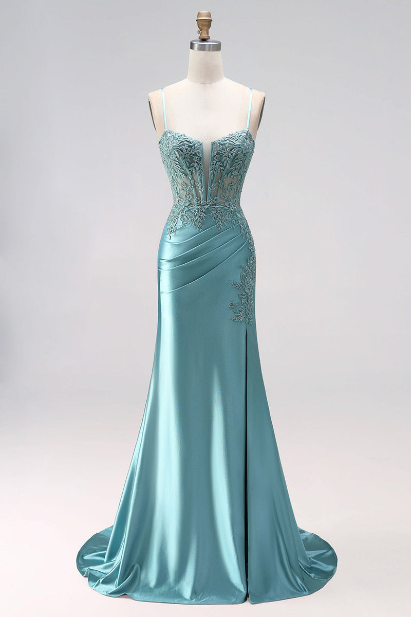 Laden Sie das Bild in den Galerie-Viewer, Blau Mintgrün Meerjungfrau Gerafft Corsage Satin Applikationen Spaghettiträger Langes Abiballkleid mit Perlenbesatz