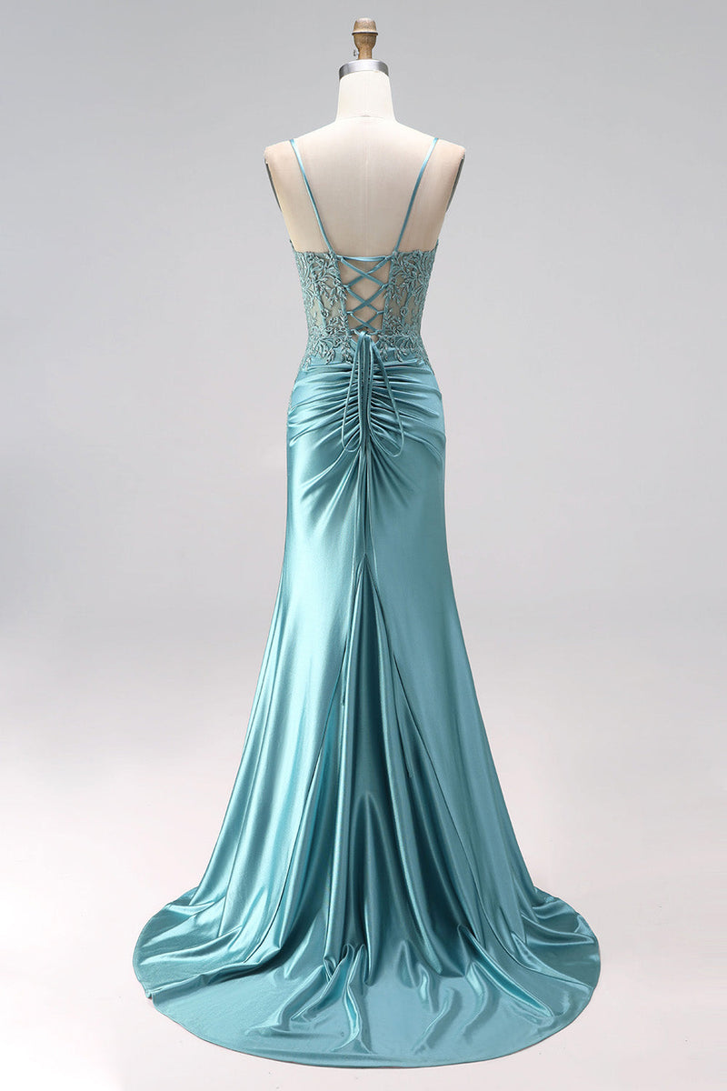 Laden Sie das Bild in den Galerie-Viewer, Blau Mintgrün Meerjungfrau Gerafft Corsage Satin Applikationen Spaghettiträger Langes Abiballkleid mit Perlenbesatz
