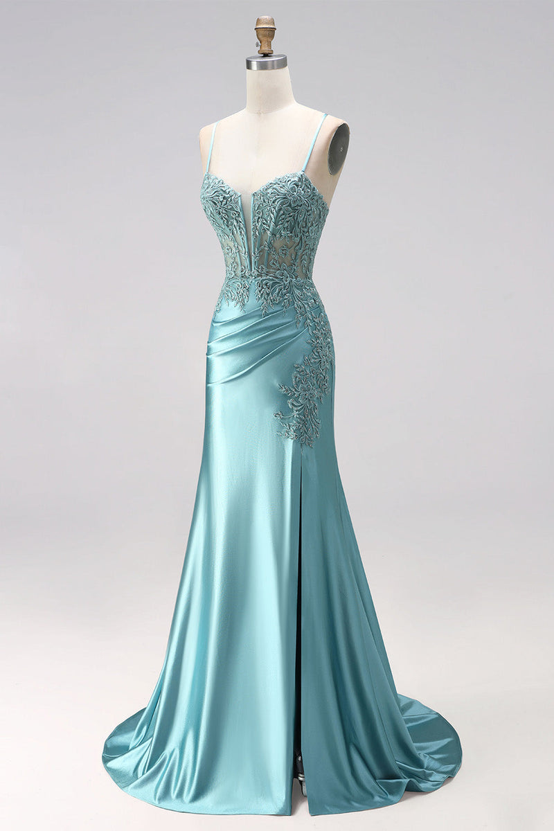 Laden Sie das Bild in den Galerie-Viewer, Blau Mintgrün Meerjungfrau Gerafft Corsage Satin Applikationen Spaghettiträger Langes Abiballkleid mit Perlenbesatz