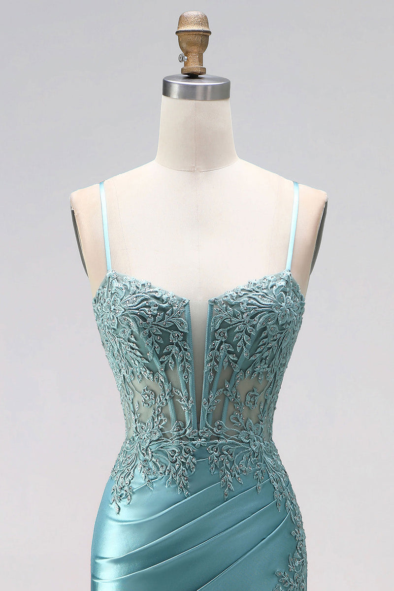 Laden Sie das Bild in den Galerie-Viewer, Blau Mintgrün Meerjungfrau Gerafft Corsage Satin Applikationen Spaghettiträger Langes Abiballkleid mit Perlenbesatz