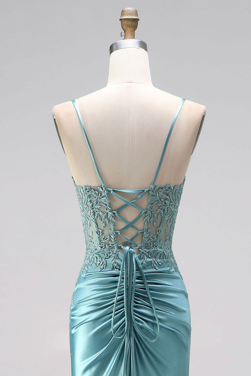 Laden Sie das Bild in den Galerie-Viewer, Blau Mintgrün Meerjungfrau Gerafft Corsage Satin Applikationen Spaghettiträger Langes Abiballkleid mit Perlenbesatz