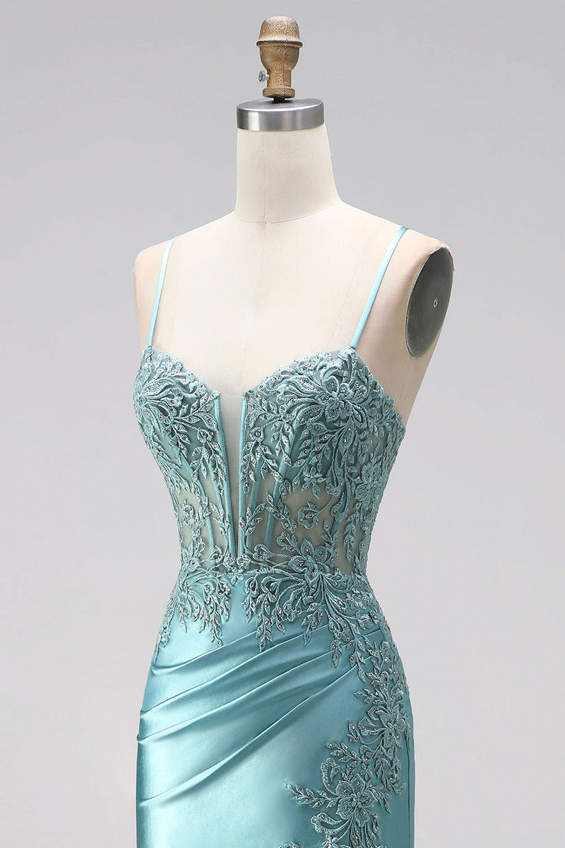 Laden Sie das Bild in den Galerie-Viewer, Blau Mintgrün Meerjungfrau Gerafft Corsage Satin Applikationen Spaghettiträger Langes Abiballkleid mit Perlenbesatz