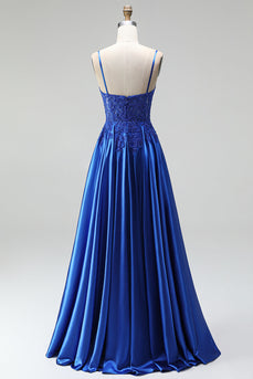 A-Line königsblaue Applikationen Satin, Pailletten mit Perlen, Spaghettiträger, langes Abschlussballkleid