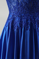 Laden Sie das Bild in den Galerie-Viewer, A-Linie Königsblaues Applikationen Satin Pailletten Spaghettiträger Langes Abschlussballkleid mit Perlen