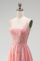 Laden Sie das Bild in den Galerie-Viewer, Rosa Blumenapplikationen A-Linie Korsett Transparentes Chiffon Langes Ballkleid mit Schlitz