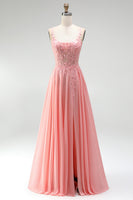 Laden Sie das Bild in den Galerie-Viewer, Rosa Blumenapplikationen A-Linie Korsett Transparentes Chiffon Langes Ballkleid mit Schlitz