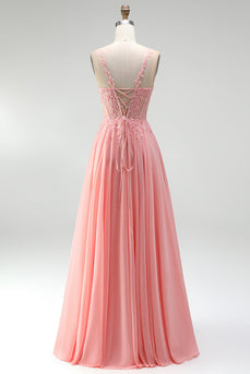 Rosa Blumenapplikationen A-Linie Korsett Transparentes Chiffon Langes Ballkleid mit Schlitz