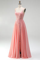 Laden Sie das Bild in den Galerie-Viewer, Rosa Blumenapplikationen A-Linie Korsett Transparentes Chiffon Langes Ballkleid mit Schlitz