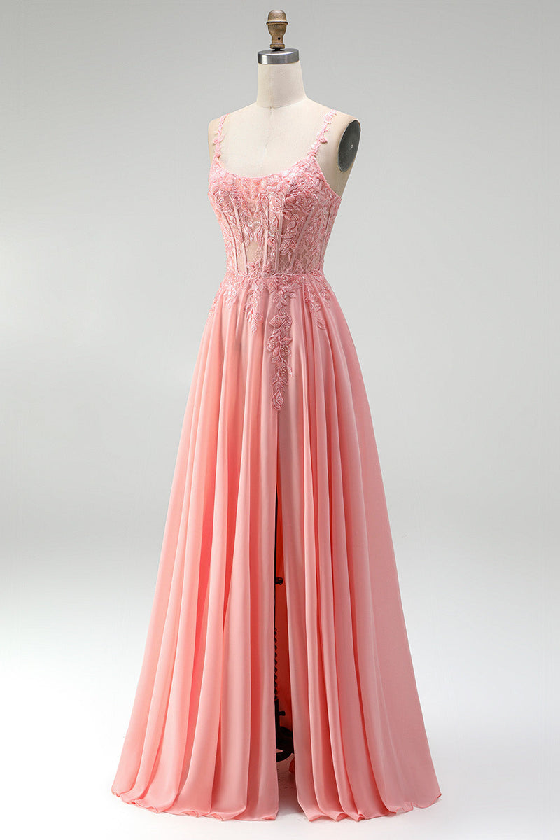 Laden Sie das Bild in den Galerie-Viewer, Rosa Blumenapplikationen A-Linie Korsett Transparentes Chiffon Langes Ballkleid mit Schlitz