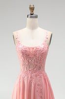 Laden Sie das Bild in den Galerie-Viewer, Rosa Blumenapplikationen A-Linie Korsett Transparentes Chiffon Langes Ballkleid mit Schlitz