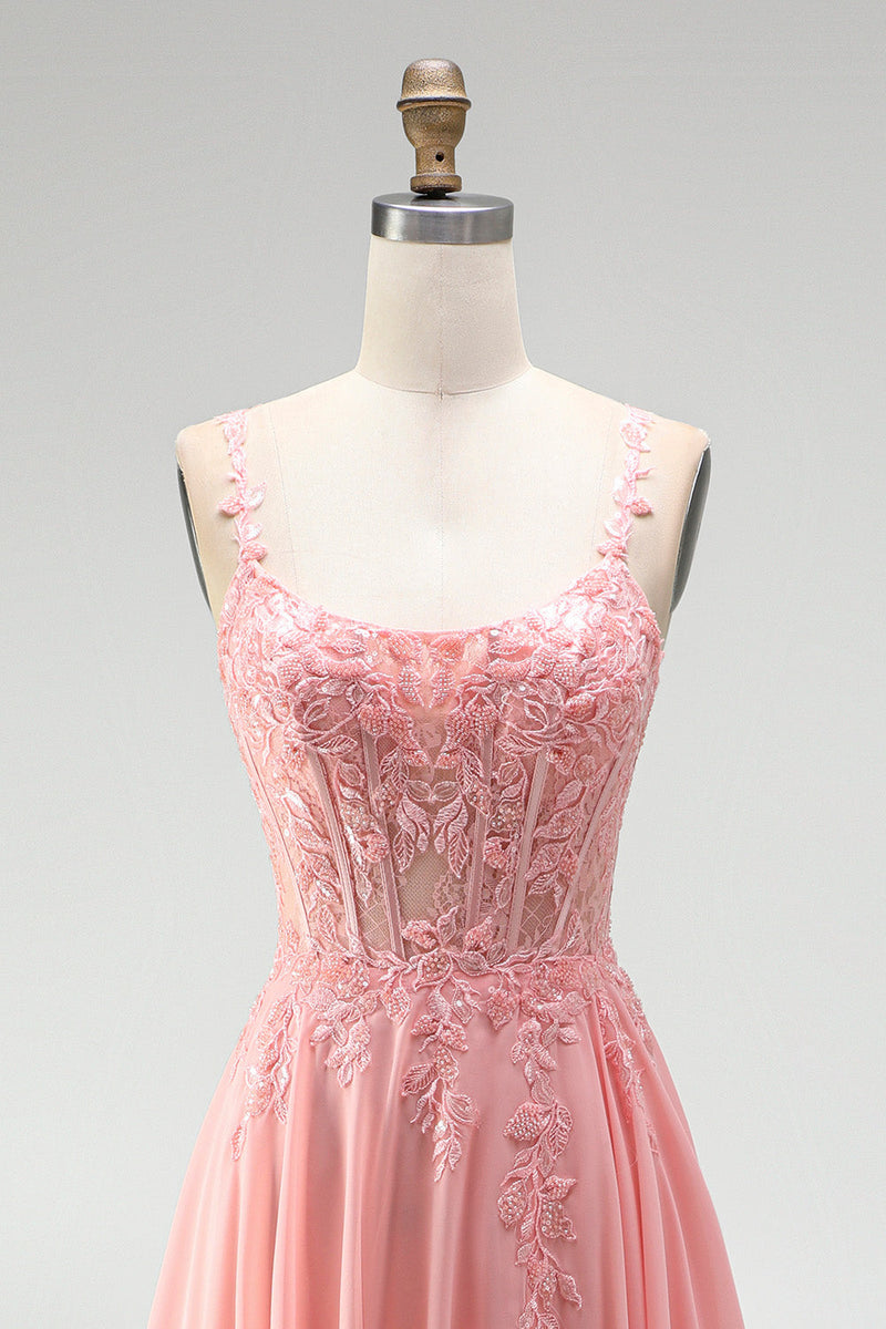 Laden Sie das Bild in den Galerie-Viewer, Rosa Blumenapplikationen A-Linie Korsett Transparentes Chiffon Langes Ballkleid mit Schlitz