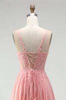 Laden Sie das Bild in den Galerie-Viewer, Rosa Blumenapplikationen A-Linie Korsett Transparentes Chiffon Langes Ballkleid mit Schlitz