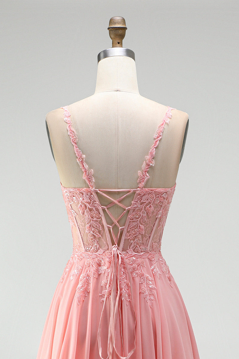 Laden Sie das Bild in den Galerie-Viewer, Rosa Blumenapplikationen A-Linie Korsett Transparentes Chiffon Langes Ballkleid mit Schlitz