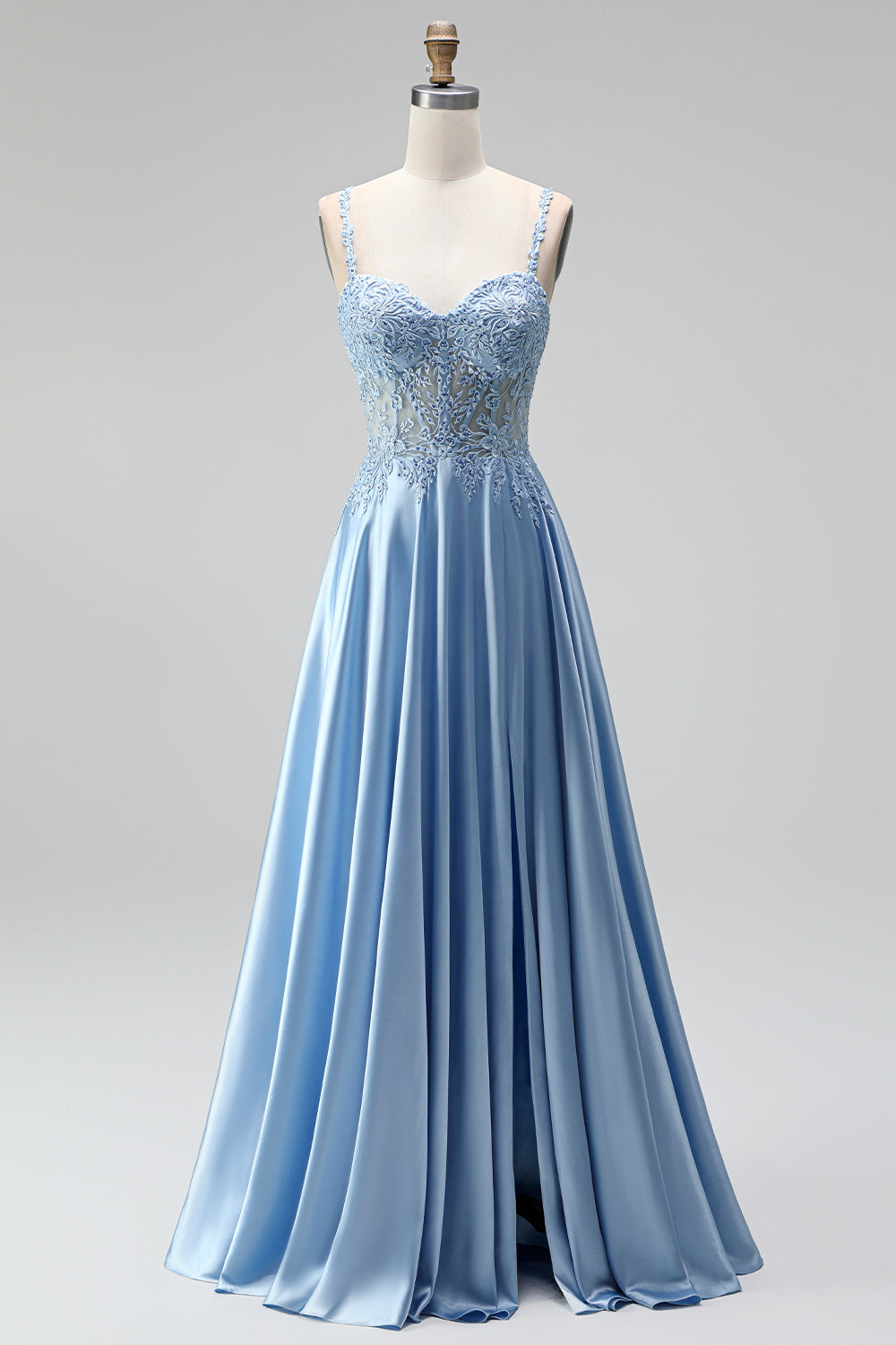 Hellblau Corsage Transparent Perlenbesatz A-Linien Spaghettiträger Satin Langes Abiballkleid mit Schlitz