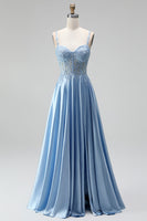 Laden Sie das Bild in den Galerie-Viewer, Hellblau Corsage Transparent Perlenbesatz A-Linien Spaghettiträger Satin Langes Abiballkleid mit Schlitz