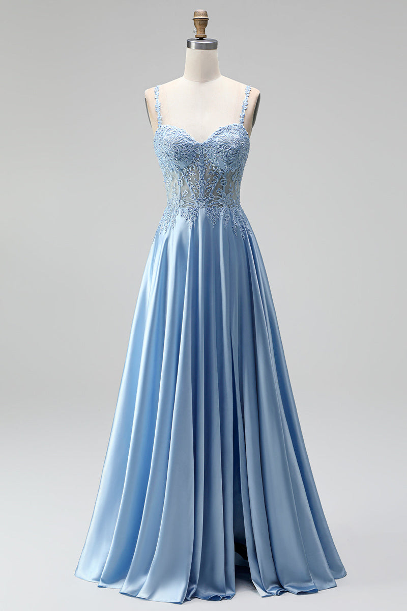 Laden Sie das Bild in den Galerie-Viewer, Hellblau Corsage Transparent Perlenbesatz A-Linien Spaghettiträger Satin Langes Abiballkleid mit Schlitz