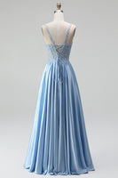 Laden Sie das Bild in den Galerie-Viewer, Hellblau Corsage Transparent Perlenbesatz A-Linien Spaghettiträger Satin Langes Abiballkleid mit Schlitz