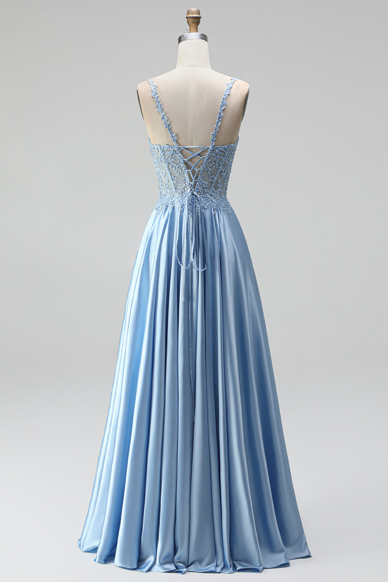 Laden Sie das Bild in den Galerie-Viewer, Hellblau Corsage Transparent Perlenbesatz A-Linien Spaghettiträger Satin Langes Abiballkleid mit Schlitz