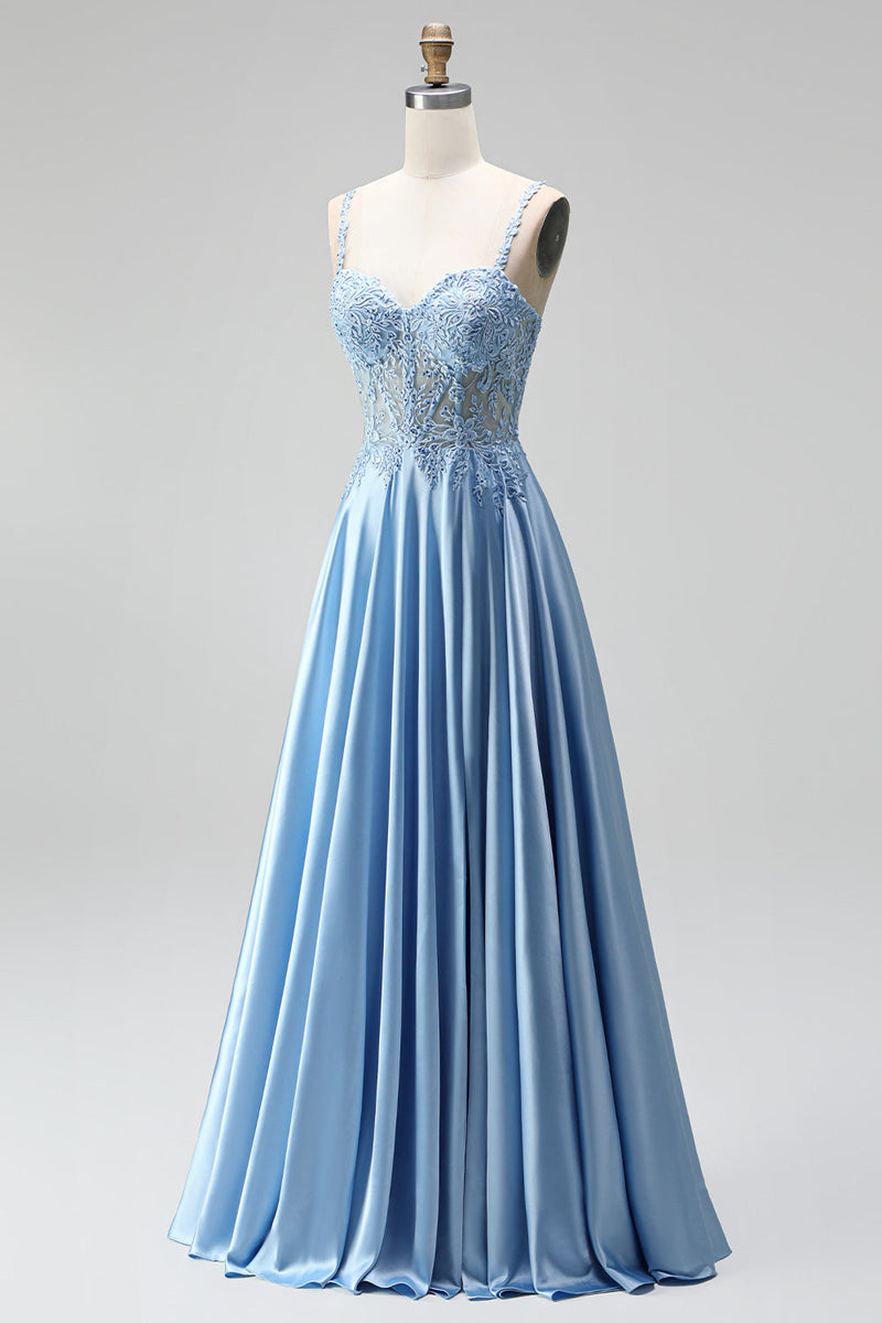 Laden Sie das Bild in den Galerie-Viewer, Hellblau Corsage Transparent Perlenbesatz A-Linien Spaghettiträger Satin Langes Abiballkleid mit Schlitz
