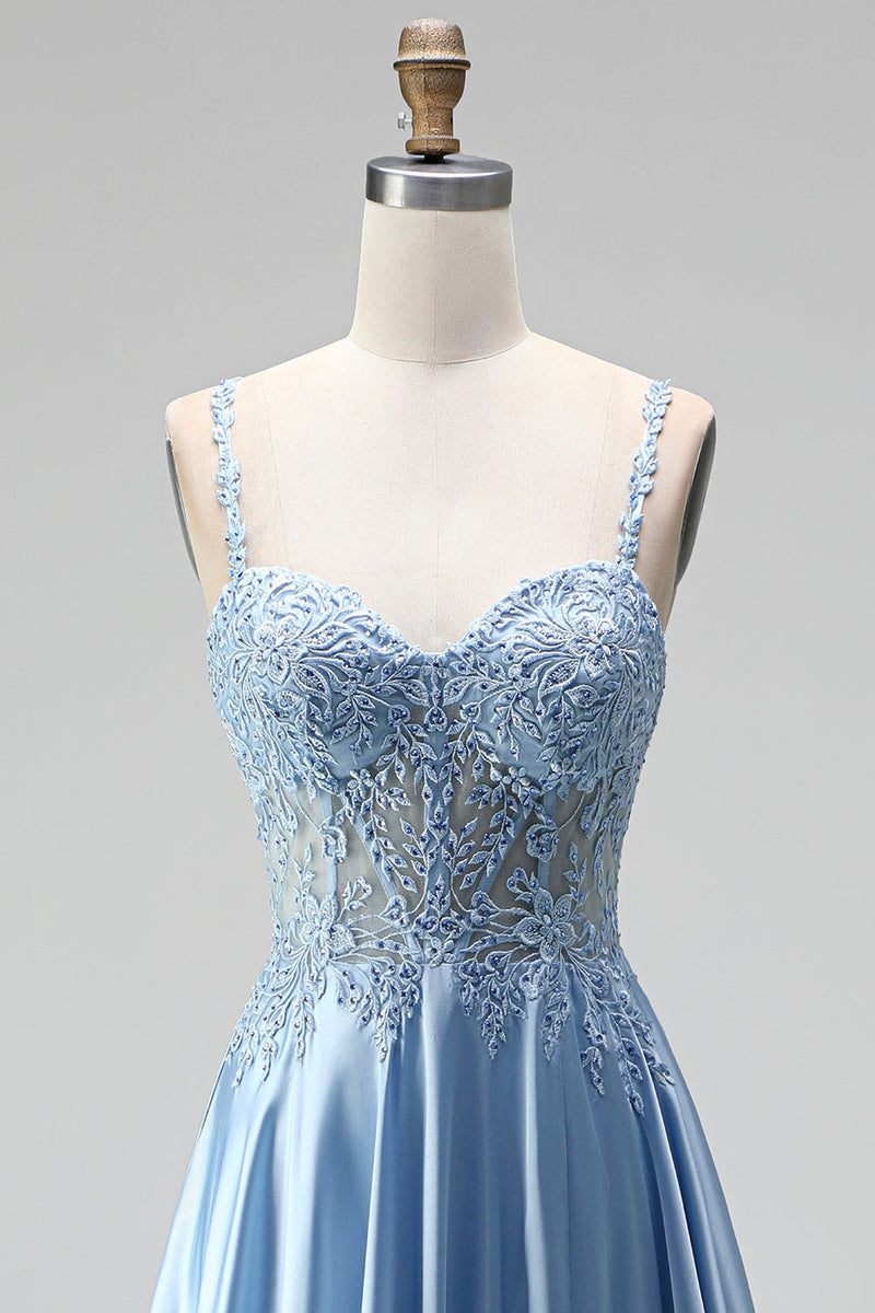 Laden Sie das Bild in den Galerie-Viewer, Hellblau Corsage Transparent Perlenbesatz A-Linien Spaghettiträger Satin Langes Abiballkleid mit Schlitz