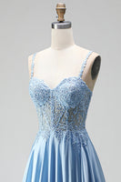 Laden Sie das Bild in den Galerie-Viewer, Hellblau Corsage Transparent Perlenbesatz A-Linien Spaghettiträger Satin Langes Abiballkleid mit Schlitz