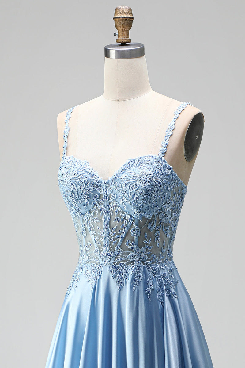 Laden Sie das Bild in den Galerie-Viewer, Hellblau Corsage Transparent Perlenbesatz A-Linien Spaghettiträger Satin Langes Abiballkleid mit Schlitz