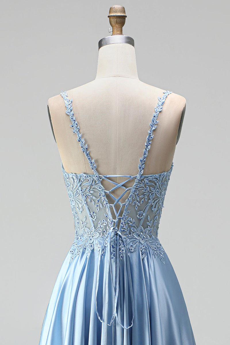 Laden Sie das Bild in den Galerie-Viewer, Hellblau Corsage Transparent Perlenbesatz A-Linien Spaghettiträger Satin Langes Abiballkleid mit Schlitz