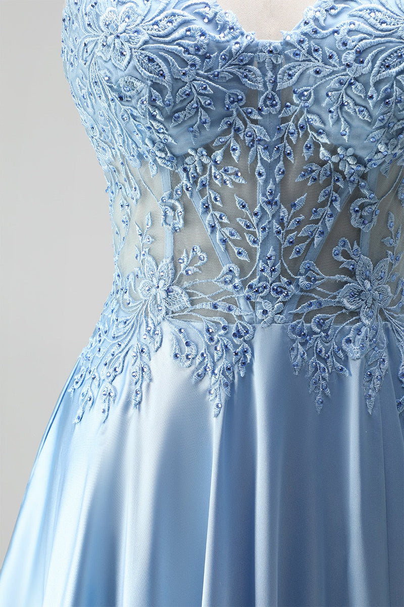 Laden Sie das Bild in den Galerie-Viewer, Hellblau Corsage Transparent Perlenbesatz A-Linien Spaghettiträger Satin Langes Abiballkleid mit Schlitz