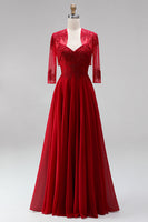 Laden Sie das Bild in den Galerie-Viewer, Rotes A-Linien-Stickerei-Chiffon-Spaghetti-Träger langes Abschlussballkleid mit Bolero-Jacke