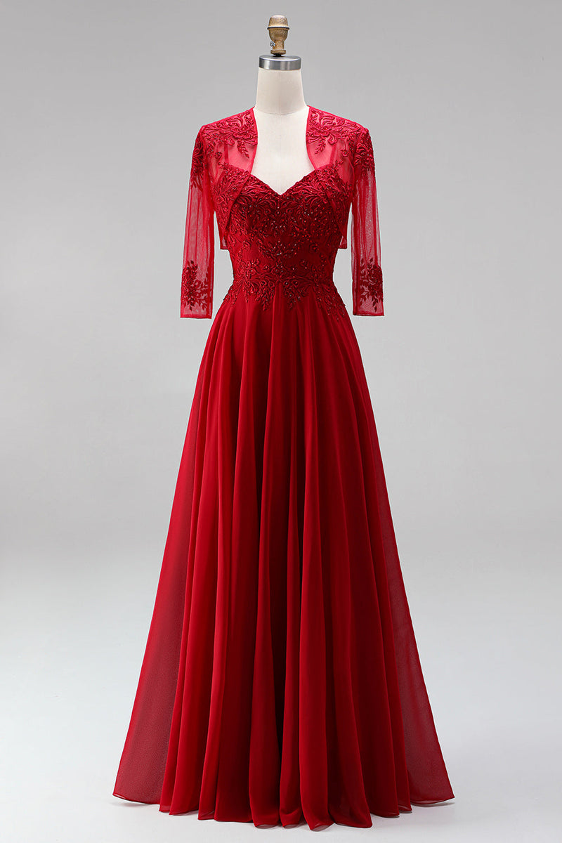 Laden Sie das Bild in den Galerie-Viewer, Rotes A-Linien-Stickerei-Chiffon-Spaghetti-Träger langes Abschlussballkleid mit Bolero-Jacke