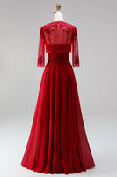 Laden Sie das Bild in den Galerie-Viewer, Rotes A-Linien-Stickerei-Chiffon-Spaghetti-Träger langes Abschlussballkleid mit Bolero-Jacke