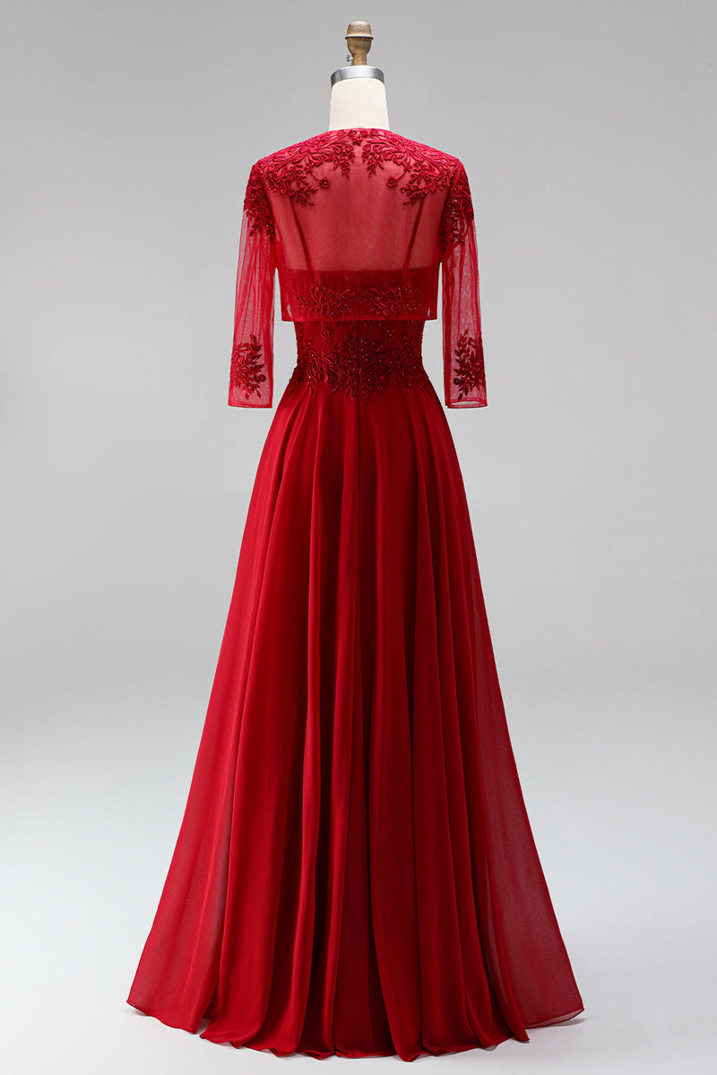 Laden Sie das Bild in den Galerie-Viewer, Rotes A-Linien-Stickerei-Chiffon-Spaghetti-Träger langes Abschlussballkleid mit Bolero-Jacke